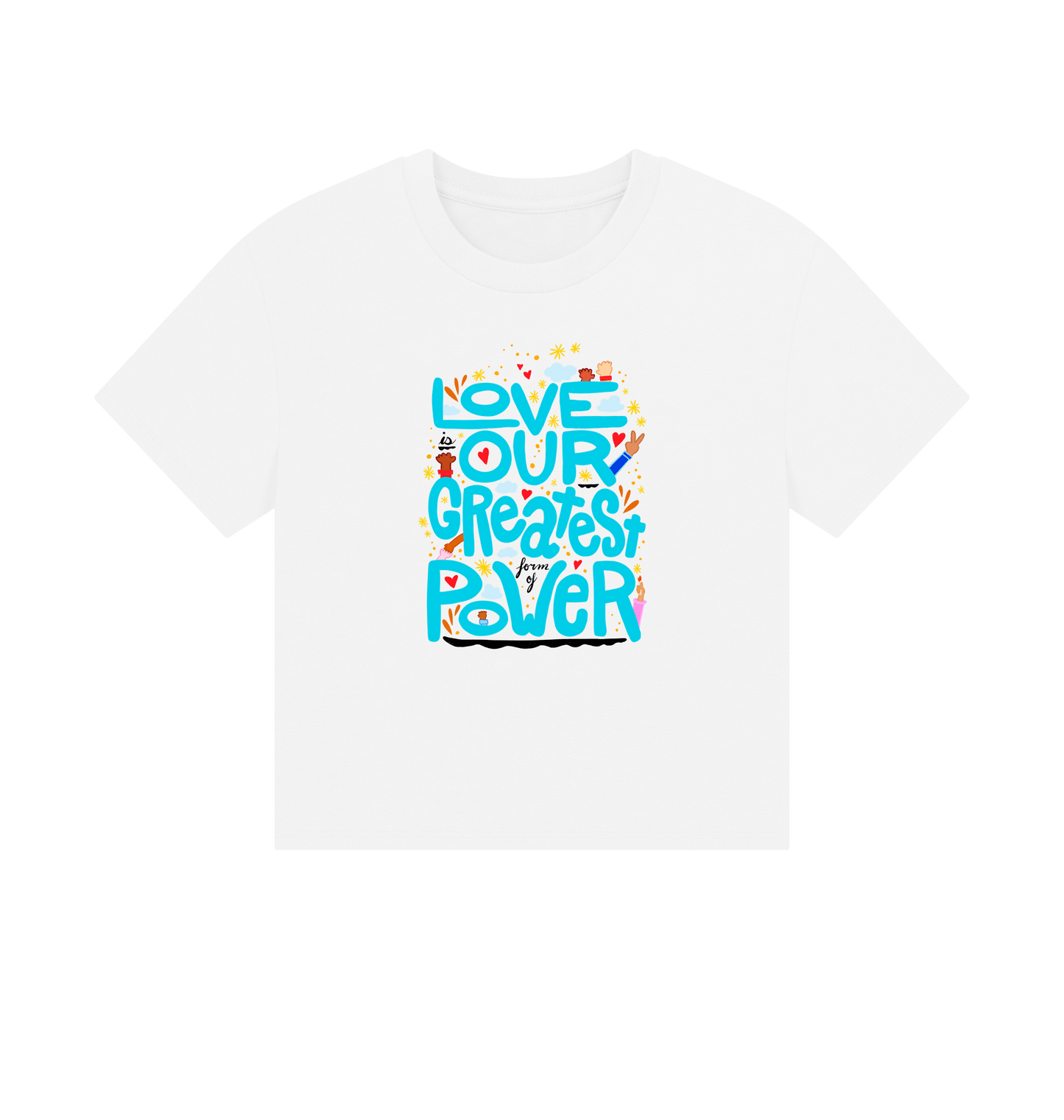 "Love is Our Greatest Form of Power" Organic Cotton Eco Boxy T-Shirt (Adult - Teal Text on White)