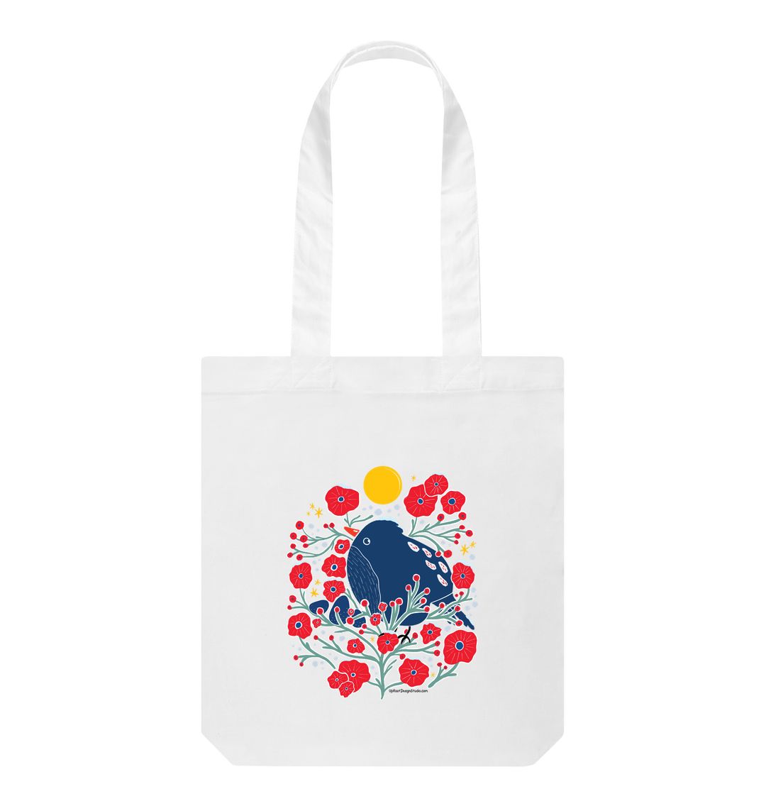 Blue Bird in the Bush 100% Organic Cotton Grocery Tote Bag w. Adorable Marine Blue Bird, Green Branches, Red Flowers, Berries, Buds, Stars & Sun