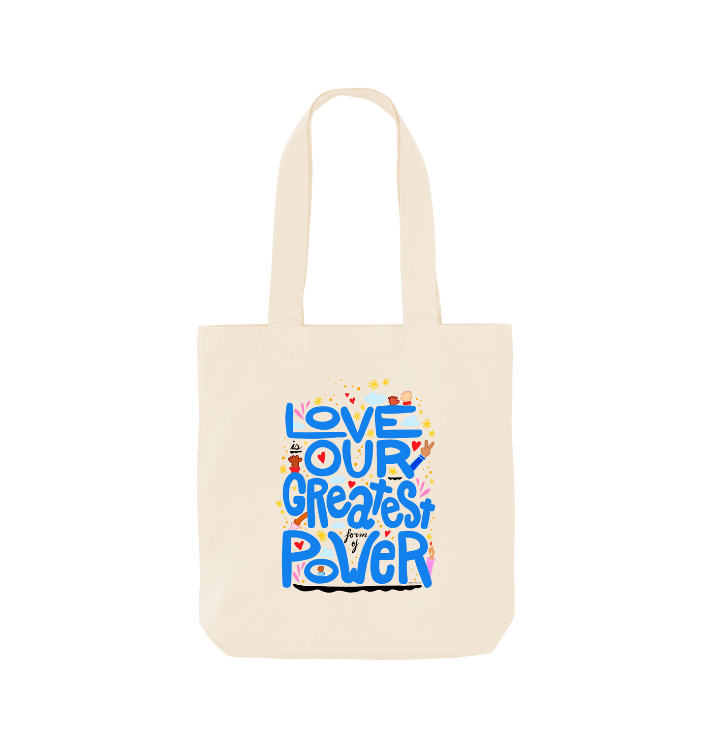 "Love is Our Greatest Form of Power" 100% Organic Cotton Grocery Tote Bag (Blue Text)