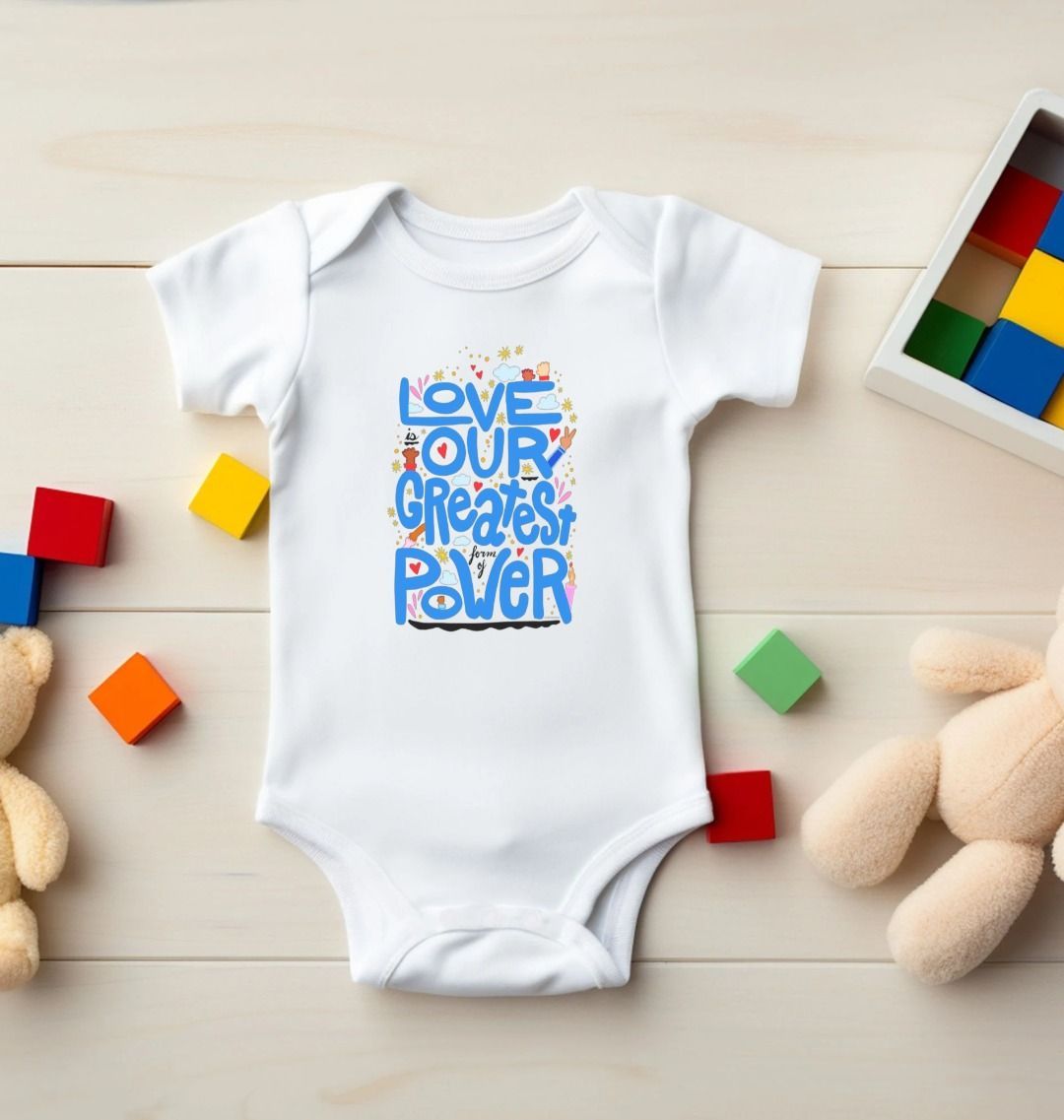 "Love is Our Greatest Form of Power" Organic Onesie (Baby - Blue Text)