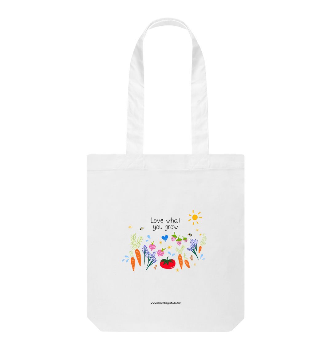 "Love What You Grow" Garden Party 100% Organic Cotton Grocery Tote Bag w. vegetables, fruit, raindrops, stars & sun