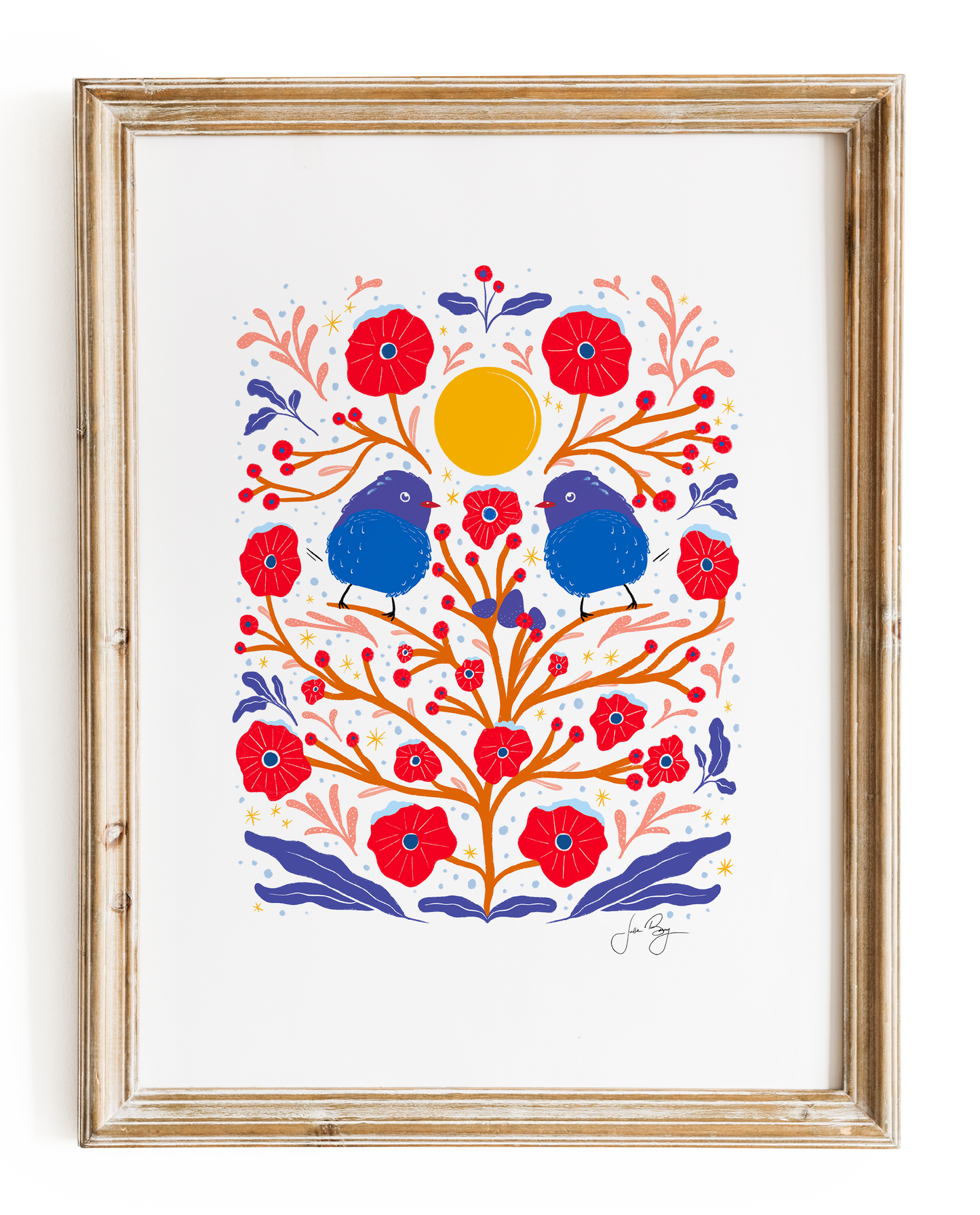 "Two Birds" Hand-Drawn Eco-Art Print 12x18" (Assorted Pattern & Colors)