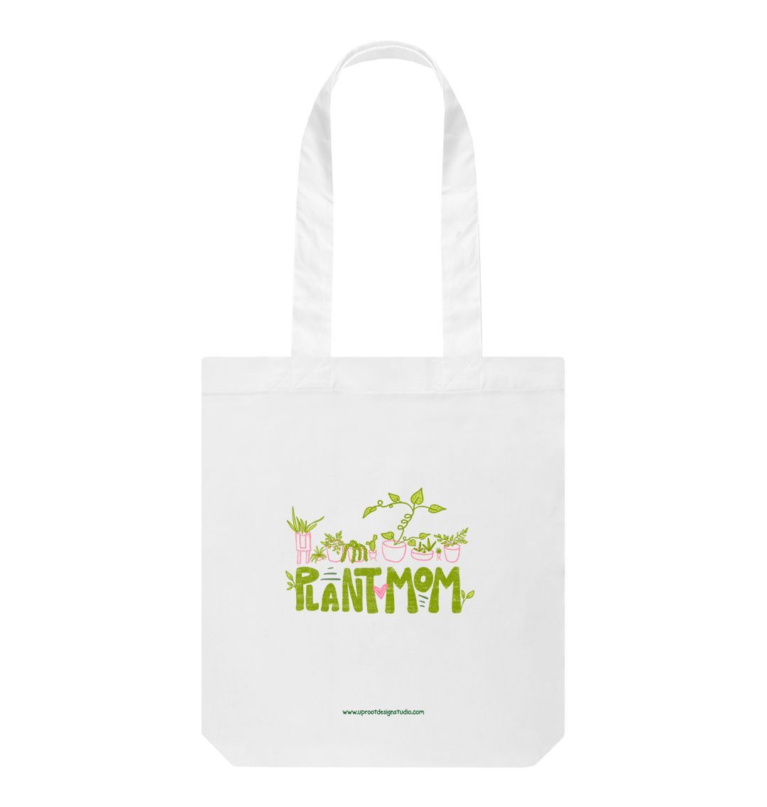 "Plant Mom" Hand-Lettered Sustainable Tote with Hand-Drawn Whimsical Houseplants (100% Organic Cotton)