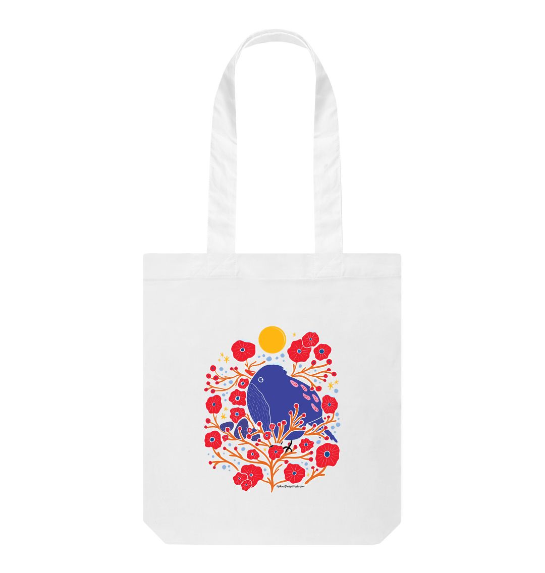 Bird in the Bush 100% Organic Cotton Grocery Tote Bag w. Adorable Blue Bird, Brown Branches, Red Flowers, Berries, Sun & Stars