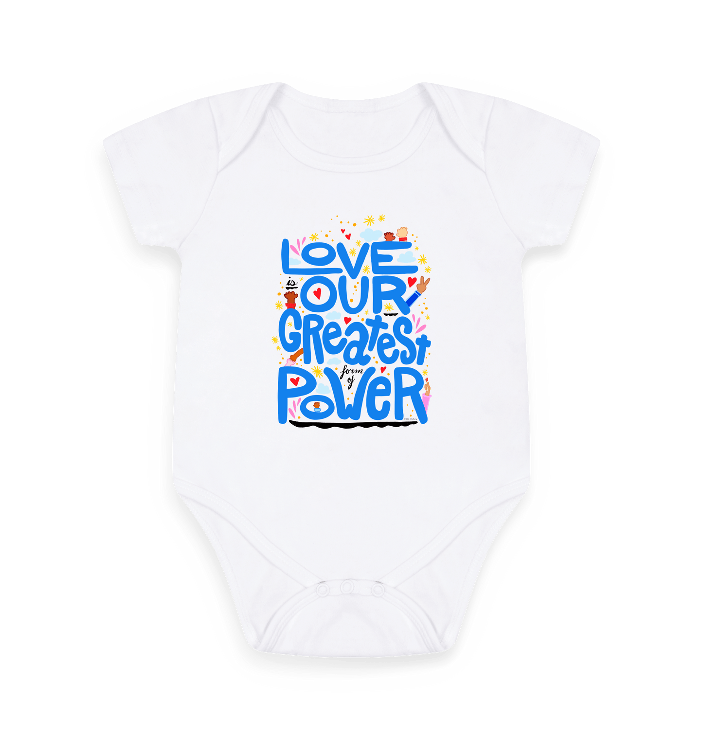 "Love is Our Greatest Form of Power" Organic Onesie (Baby - Blue Text)