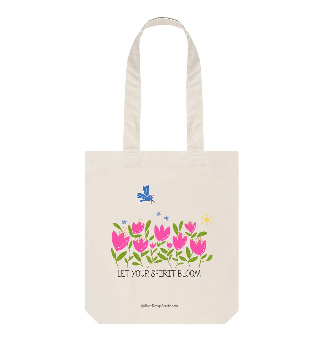 "Let Your Spirit Bloom" 100% Organic Cotton Grocery Tote Bag w. Breezy Tulip Flowers, Blue Bird & Sun