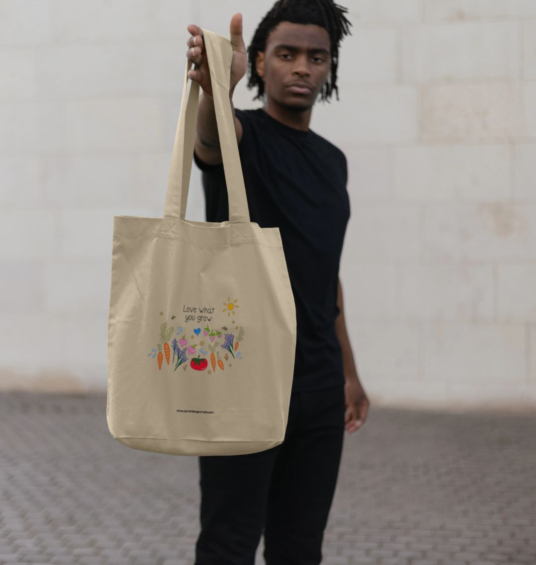 "Love What You Grow" Garden Party 100% Organic Cotton Grocery Tote Bag w. vegetables, fruit, raindrops, stars & sun