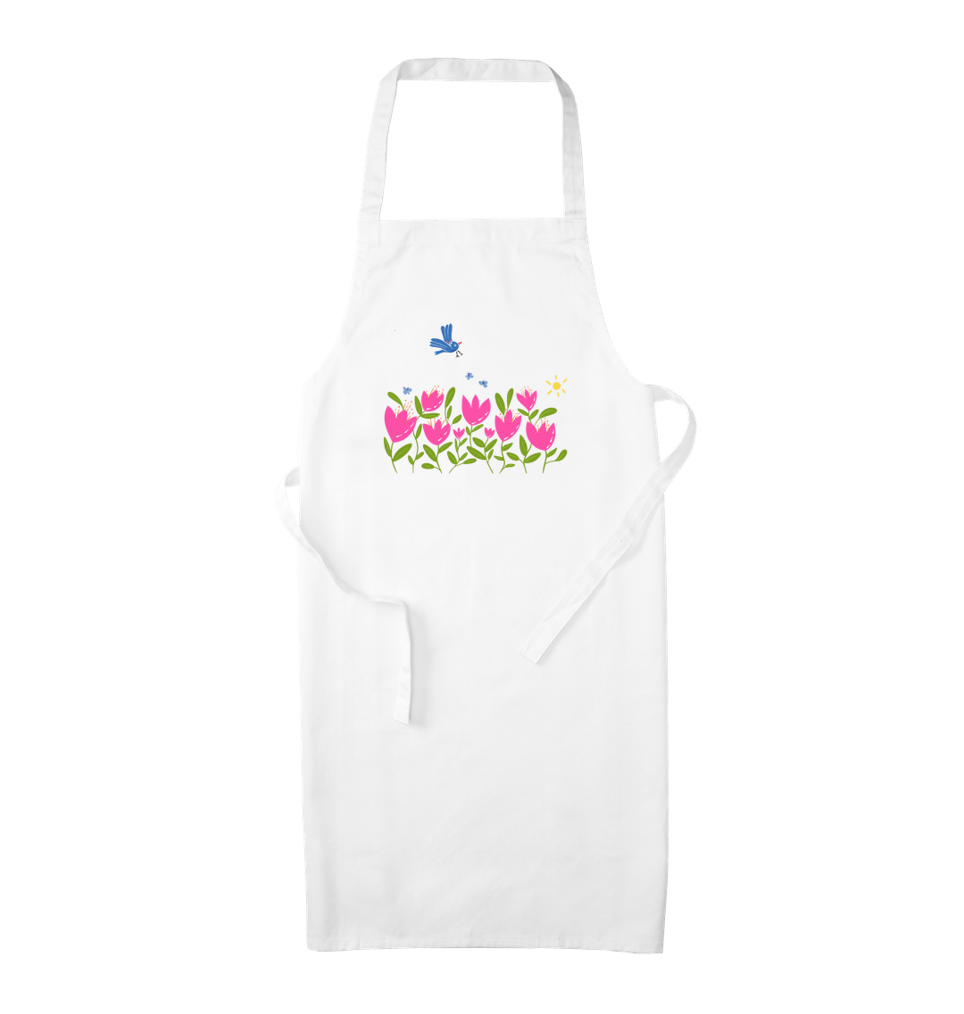 Breezy Tulips with Blue Flying Bird Organic Apron (White)