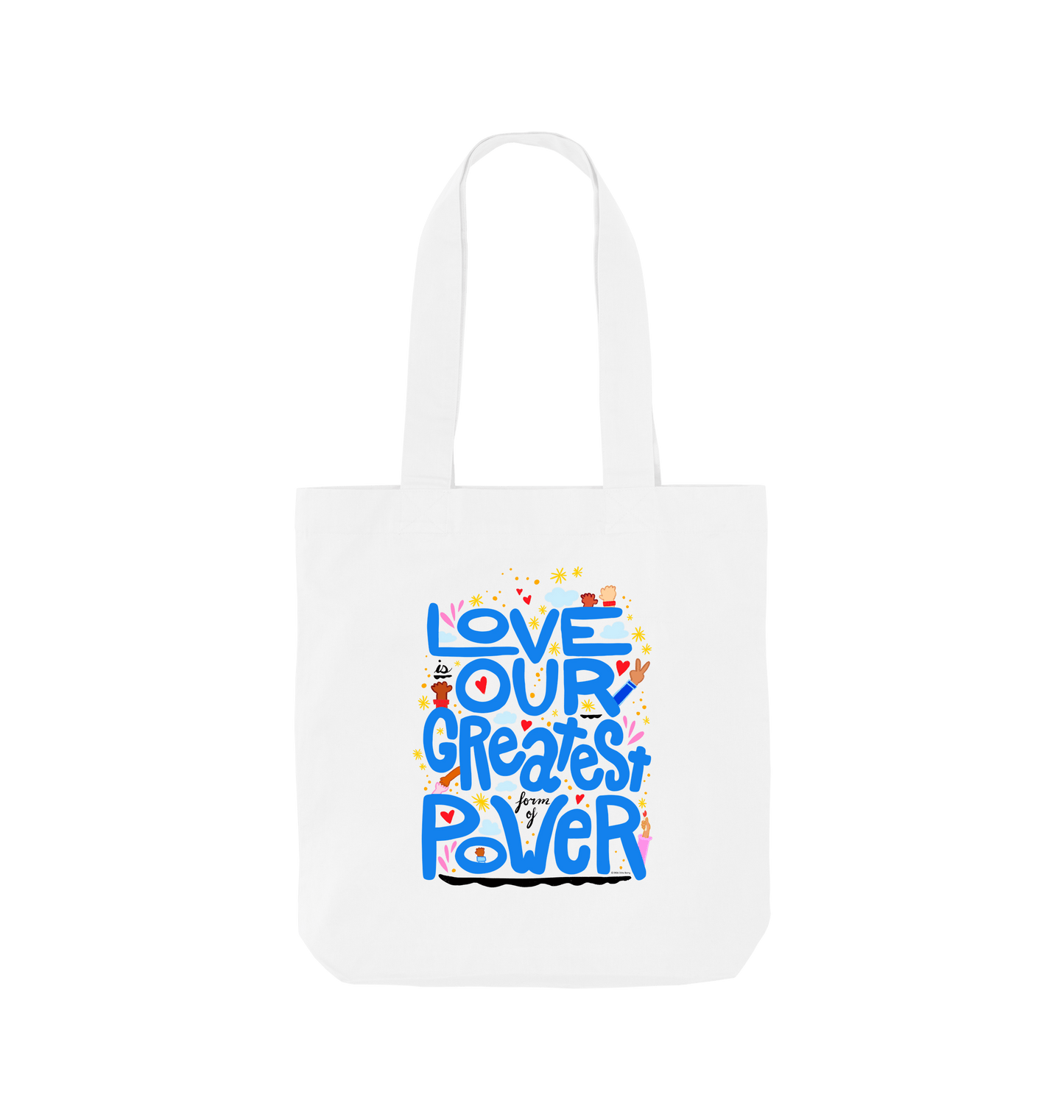 "Love is Our Greatest Form of Power" 100% Organic Cotton Grocery Tote Bag (Blue Text)