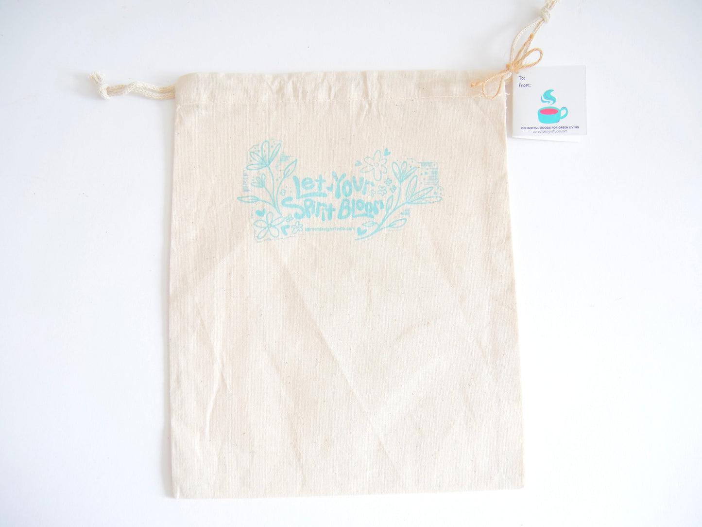 Fabric Gift Bag: UpRoot 100% Organic Cotton Double Cinch Fabric Gift Bags "Let Your Spirit Bloom" Stamp in Aqua, Black or Green