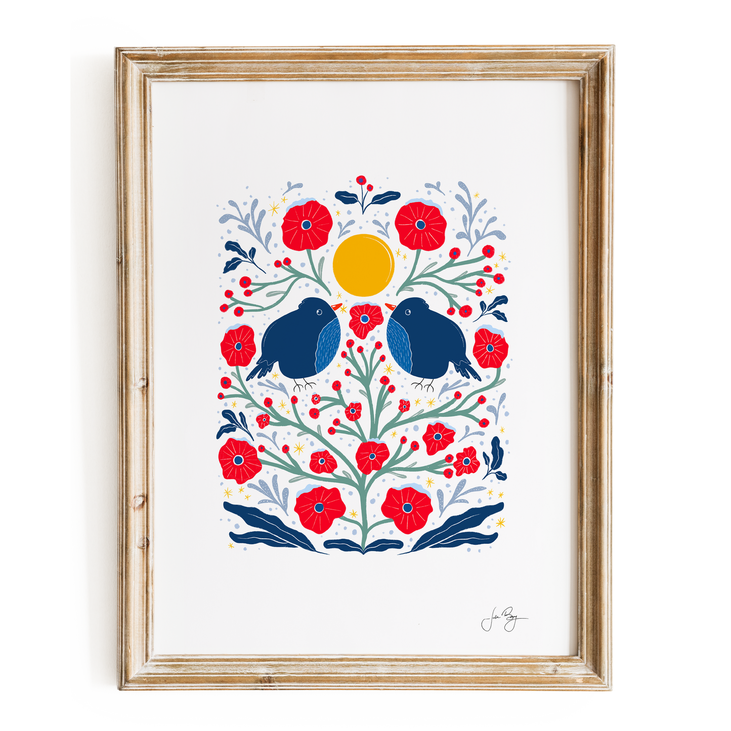 "Two Birds in the Bush" Hand-Drawn Eco-Art Print 12x18" (Assorted Colors)