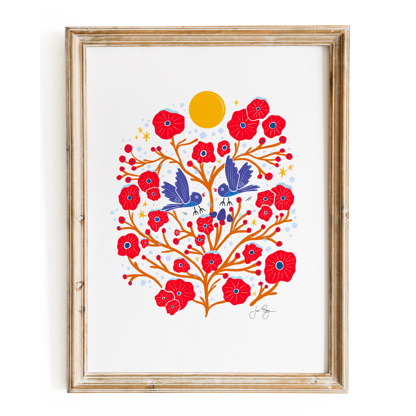 "Two Flying Birds" Hand-Drawn Eco-Art Print 12x18" (Assorted Colors)
