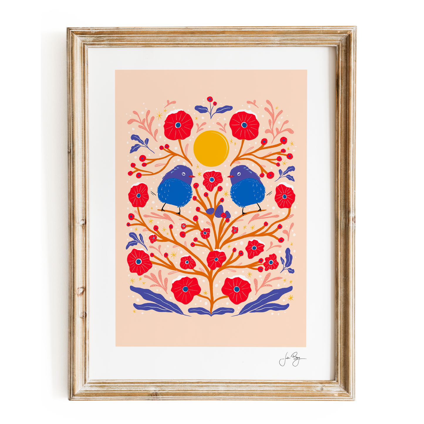 "Two Fuzzy Birds"  Hand-Drawn Eco-Art Print 12x18" (Assorted Colors)