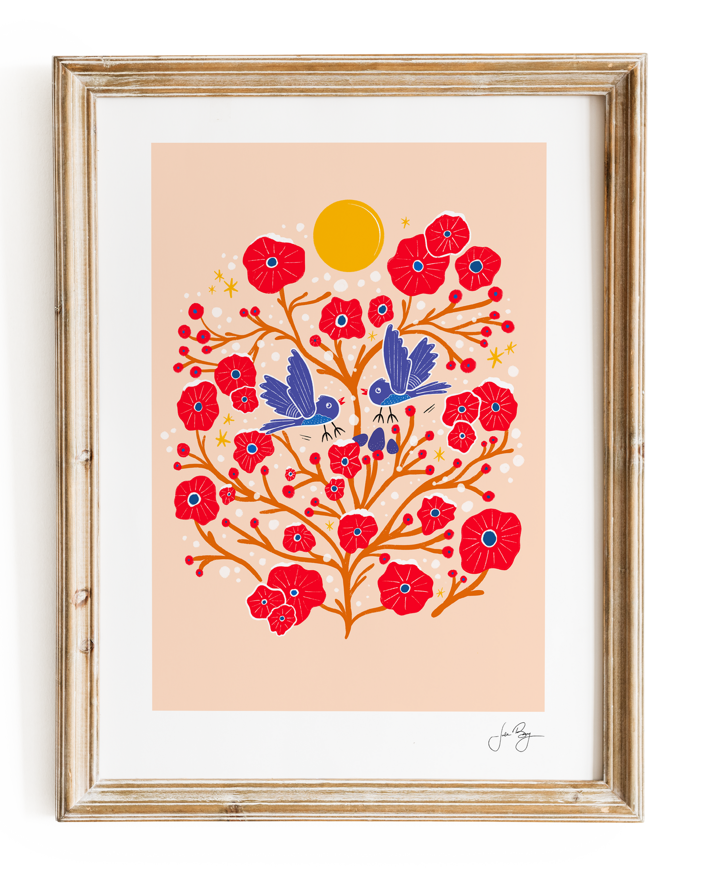 "Two Flying Birds" Hand-Drawn Eco-Art Print 12x18" (Assorted Colors)