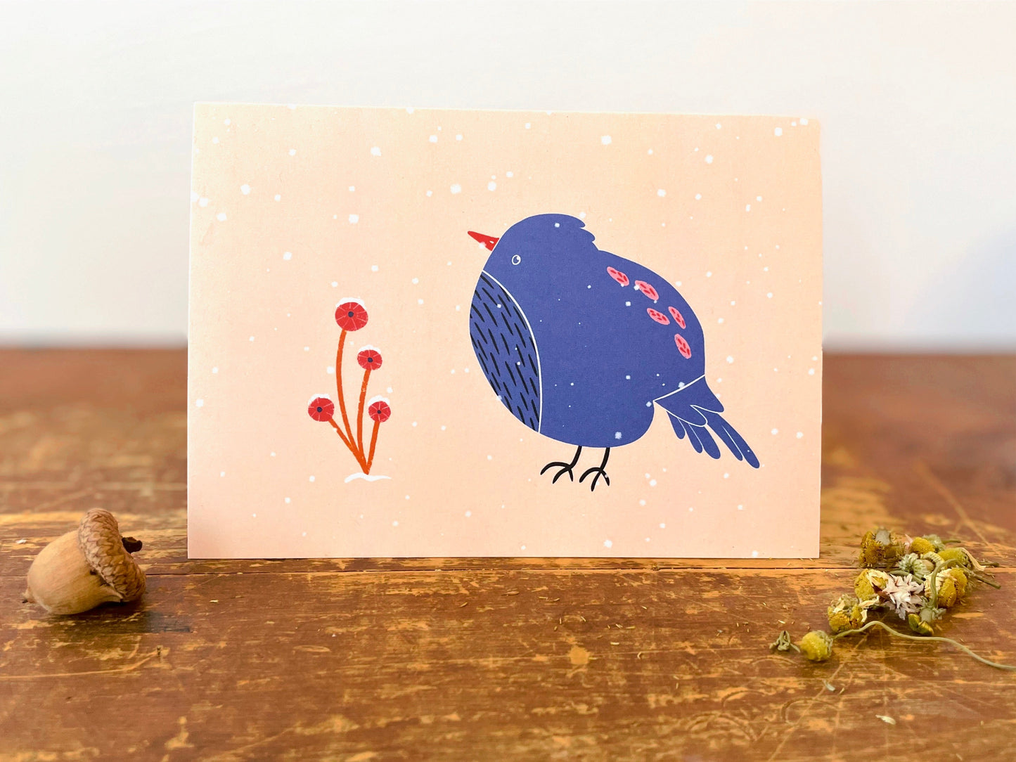 Assorted Snow Bird w. Red Flowers Eco Greeting Cards + Matching Envelope, Blank Inside (Winter Wishes)