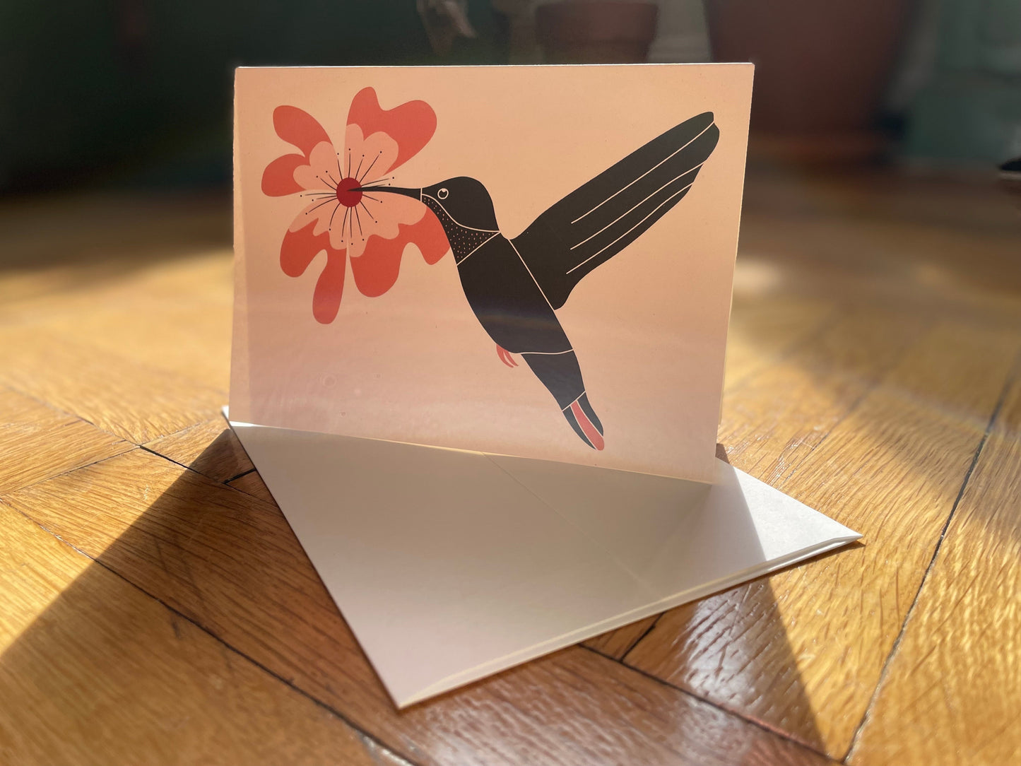 Nordic Hummingbird w. Hibiscus Flower - Recycled Hand-Drawn Eco Greeting Card + Recycled Envelope, Blank inside (Words of Love)