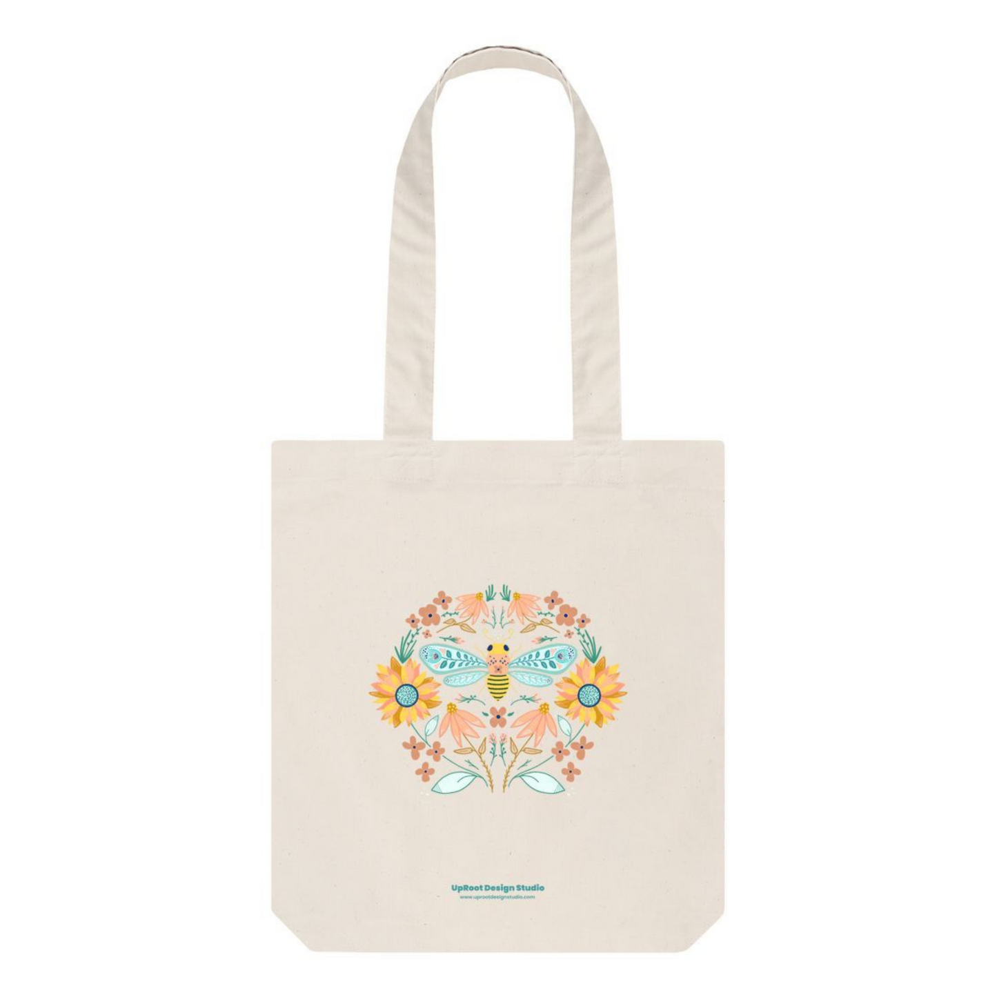 Hand-drawn Bee Folk Art Tote w. Wildflowers & Sunflowers Symmetrical Art (Celebrate Pollinators)