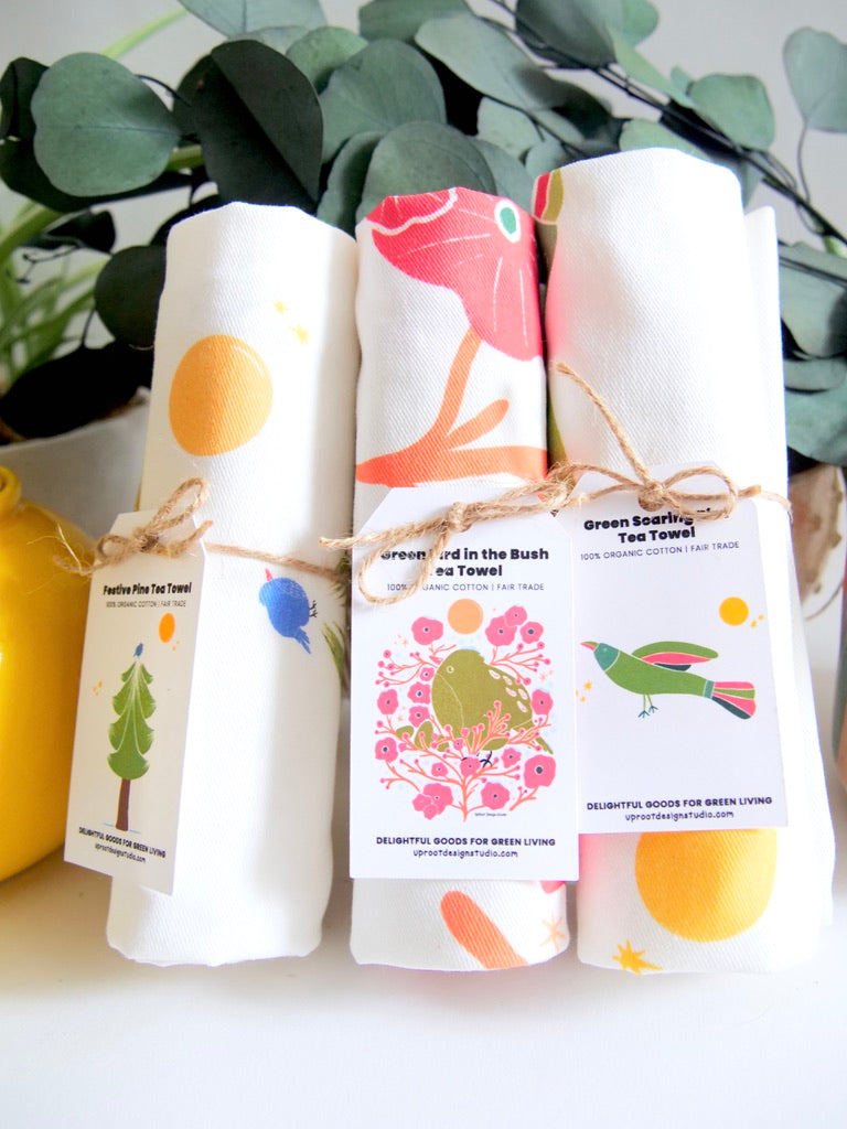 100% Organic Cotton "Pine Trees" Kitchen Tea Towels w. Hand-drawn Adorable Art - Assorted (Tea Time/Winter Forest)