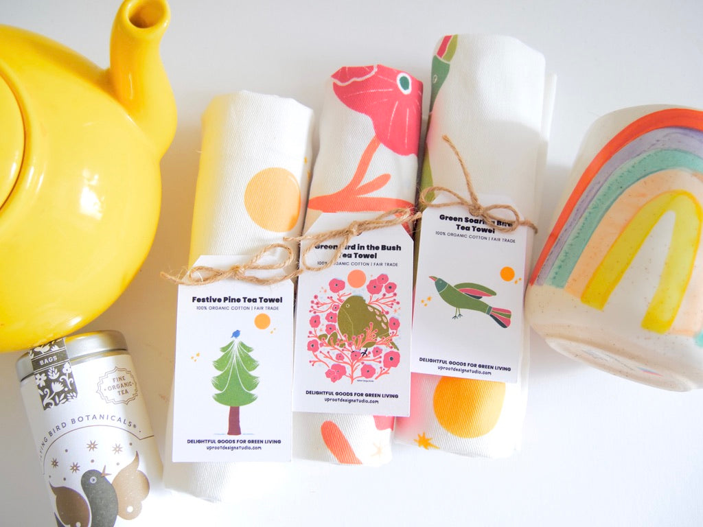 100% Organic Cotton "Afternoon Tea" Kitchen Tea Towels w. Hand-drawn Adorable Art - Assorted (Tea Time/Winter Dreaming)