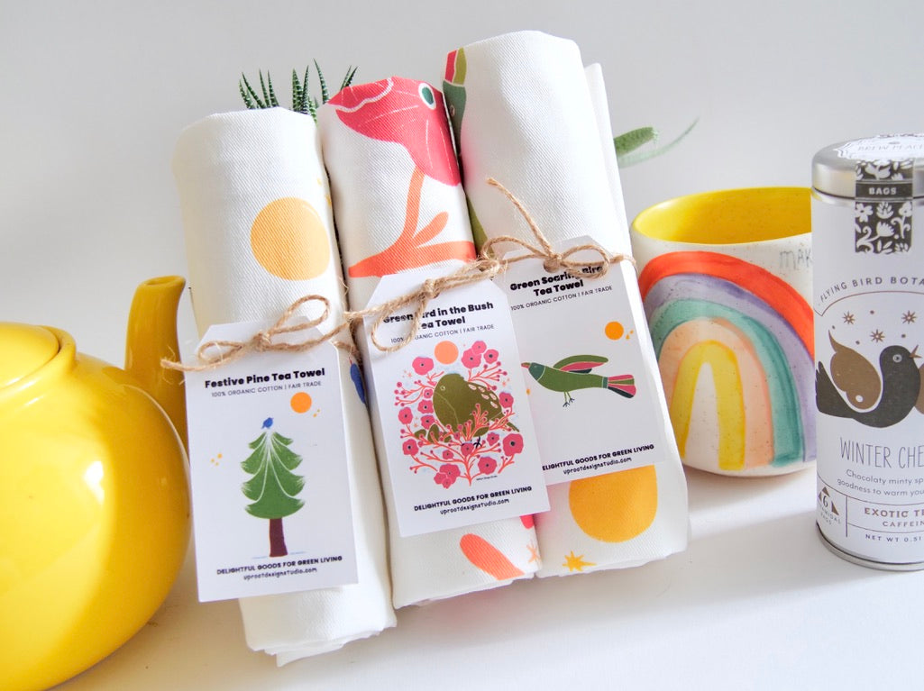 100% Organic Cotton "Holiday Bird in the Bush" Kitchen Tea Towel w. Hand-drawn Adorable Bird & Red Flowers (Tea Time/Winter Dreaming)