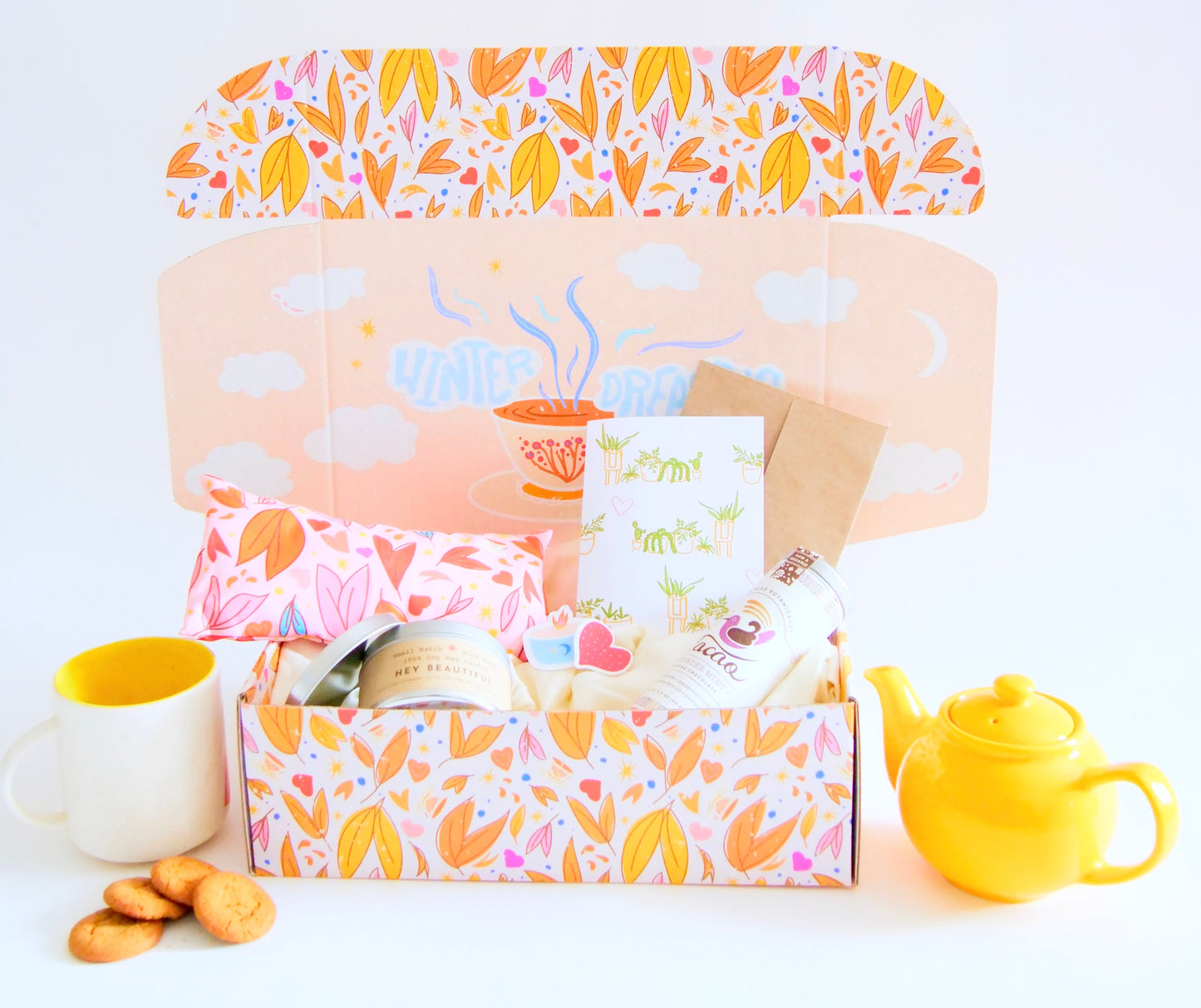 "Rejuvenate" Gift Box: Eye Pillow, Lavender Mint Hot Chocolate, Scented Soy Candle, Houseplant Greeting Card & Stickers (Love in Bloom