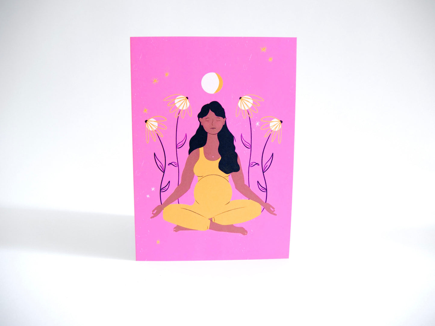 "Meditating Mama" Eco Recycled Greeting Card w. Hand-Drawn Art of Pregnant Person in Meditation Yoga Pose + Recycled Envelope, Blank inside