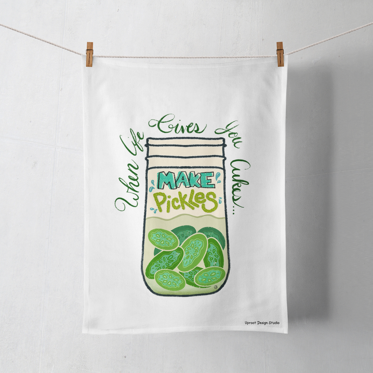 100% Organic Cotton "In a Pickle" Kitchen Tea Towel w. Hand-drawn Pickles in a Jar (Everyday Humor)