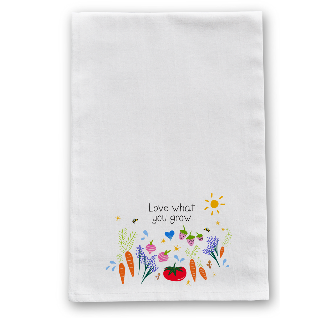 100% Organic Cotton "Grow & Bloom" Kitchen Tea Towels w. Hand-drawn Adorable Art (Assorted)