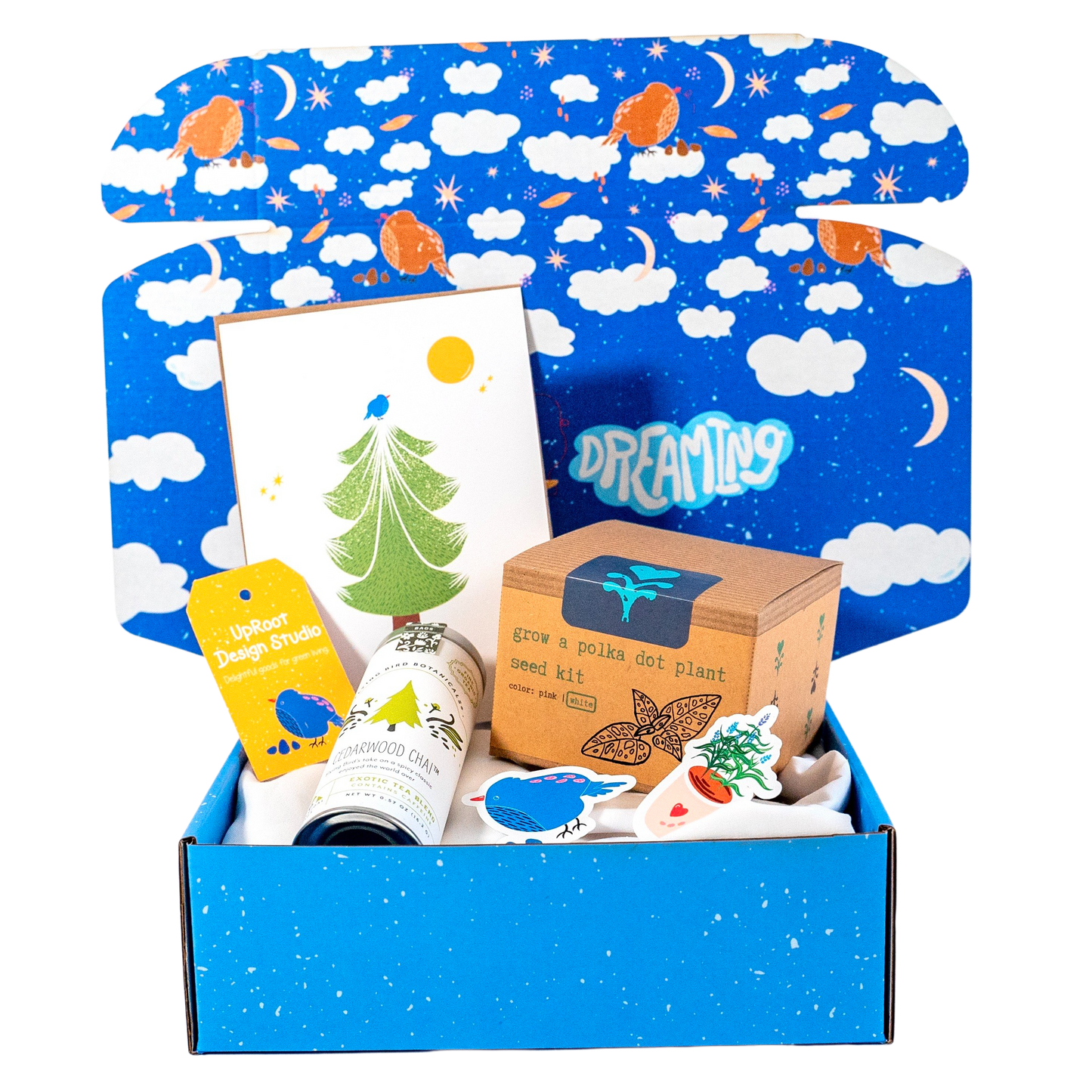 "Jolly Greenhouse" Gift Box: Mint Tea, Honey, Card, Minijournal, Sticker, White Polka-Dot Plant Growing Kit (Winter Dreaming)