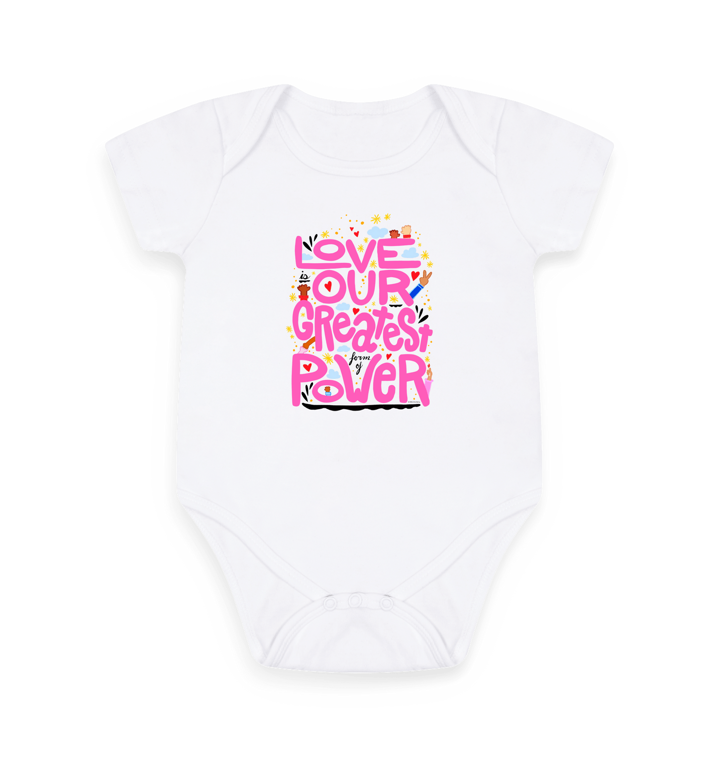"Love is Our Greatest Form of Power" Organic Onesie (Baby - Pink Text)