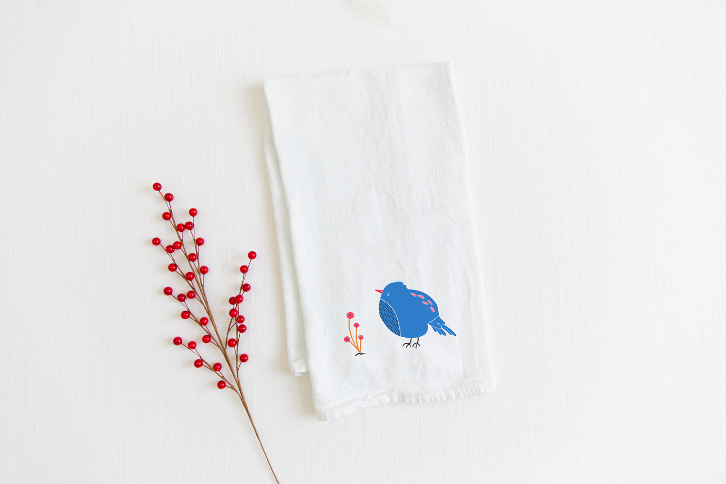 100% Organic Cotton "Blue Pouf Bird" Kitchen Tea Towel w. Hand-drawn Art (Tea Time/Winter Dreaming)