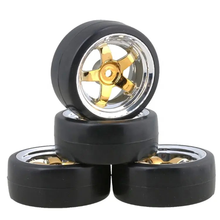 IRonManRc 1/10 DRIFT WHEELS W/ HARD TIRES CHROME GOLD 5 SPOKE RIMS