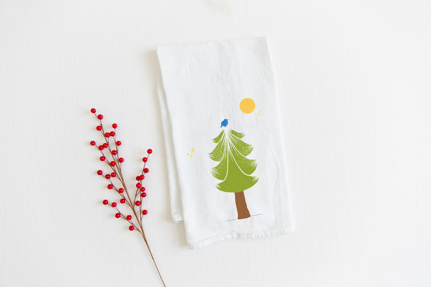 100% Organic Cotton "Pine Trees" Kitchen Tea Towels w. Hand-drawn Adorable Art - Assorted (Tea Time/Winter Forest)