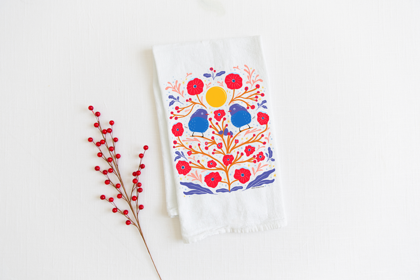 100% Organic Cotton "Fuzzy Birds" Kitchen Tea Towel w. Hand-drawn Fluffy Adorable Blue Birds & Red Flowers (Tea Time/Winter Forest)
