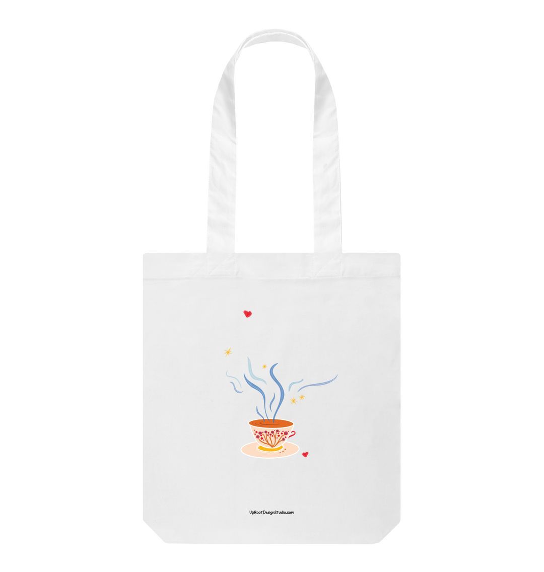 Teacup 100% Organic Cotton Grocery Tote Bag Floral Cup & Saucer, Steam, Hearts & Stars