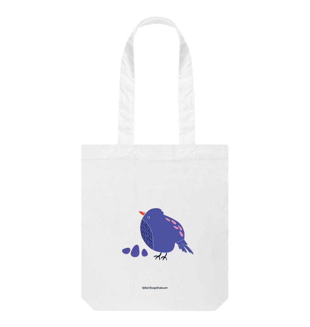 Blue Pouf Bird 100% Organic Cotton Grocery Tote Bag w. Adorable Detailed Hand-Drawn Bird & Eggs