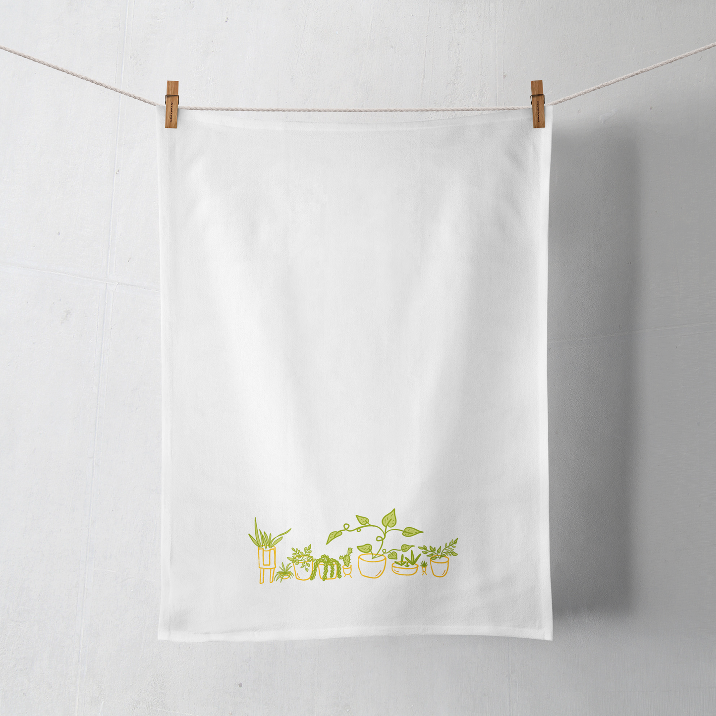 100% Organic Cotton "Whimsical Houseplants" Kitchen Tea Towel w. Hand-drawn Adorable Potted Plant Art (Tea Time/Plant Parenthood)
