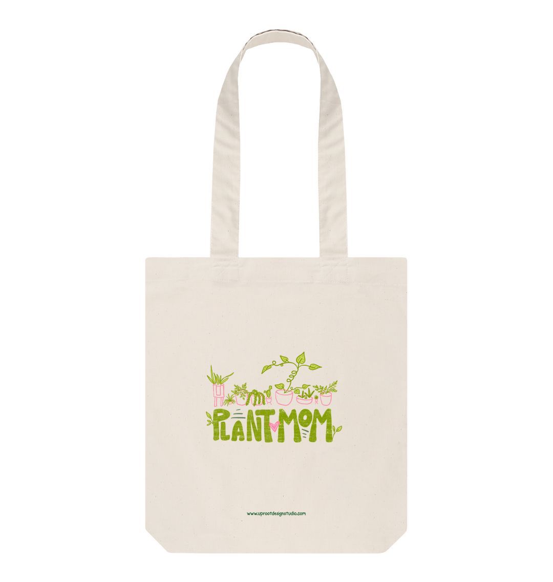 "Plant Mom" Hand-Lettered Sustainable Tote with Hand-Drawn Whimsical Houseplants (100% Organic Cotton)