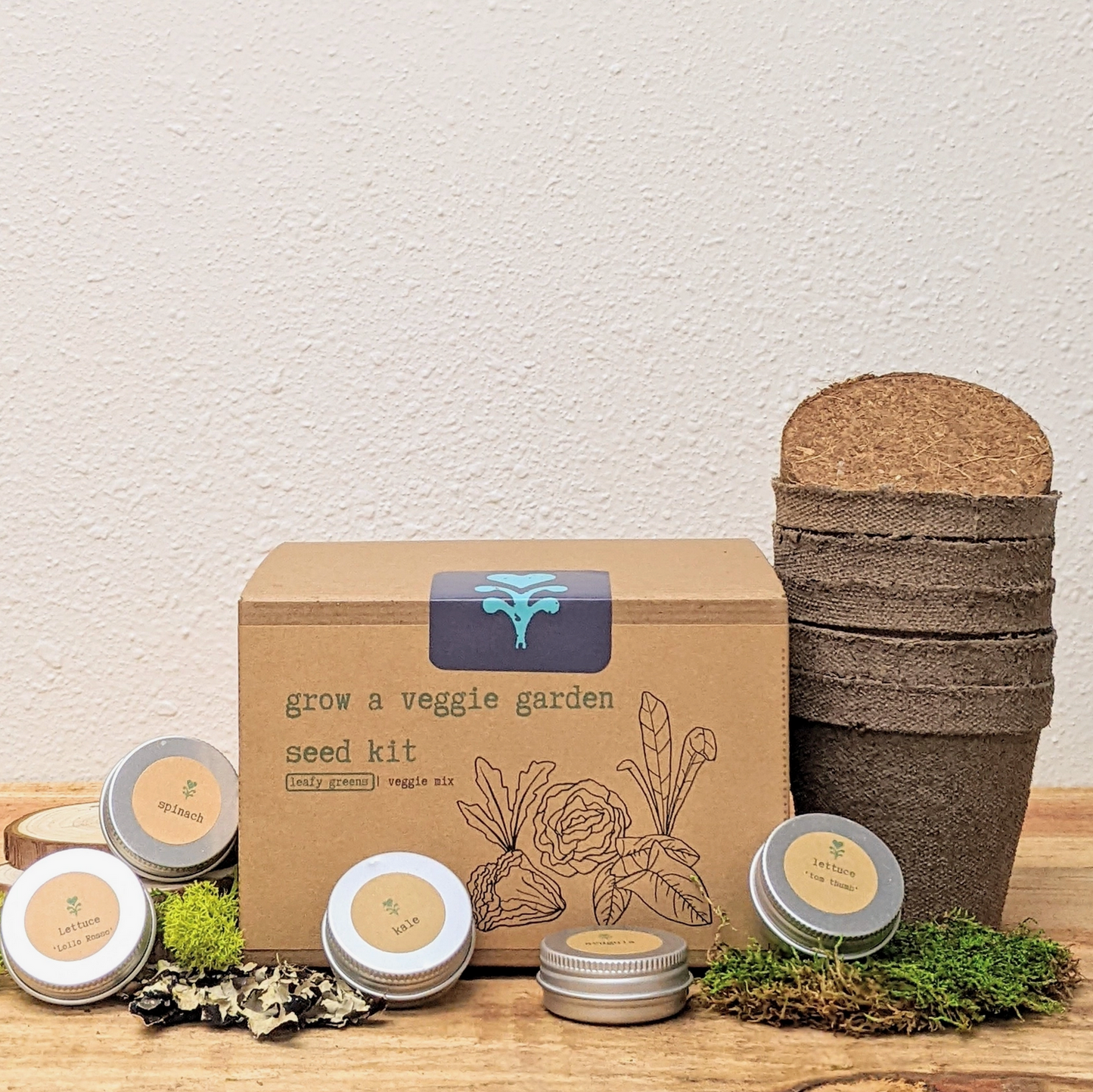"Growing Wellness" Eco Gift Box: Basil & Leafy Greens Growing Kits, Mint Tea, Meditation Card, Greeting Card (Grow & Bloom)