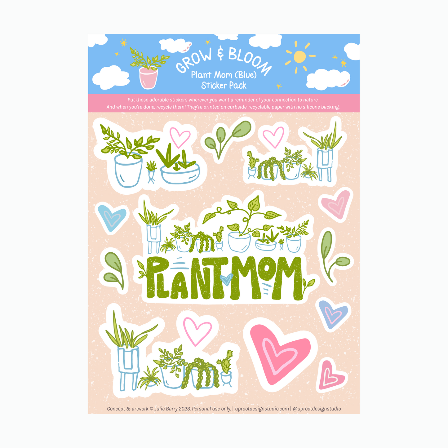 Adorable "Plant Mom" Sticker Sheet of Eco Stickers w. Hand-Lettering, Hearts & Houseplants in Pots (Grow & Bloom / Plant Parenthood)
