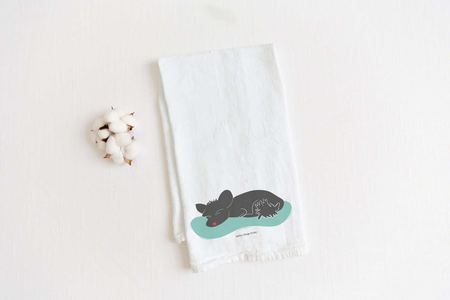100% Organic Cotton "Nap Time" Sleeping Dogs Kitchen Tea Towels w. Hand-drawn Adorable Art - Assorted (Tea Time/Warm Wishes)