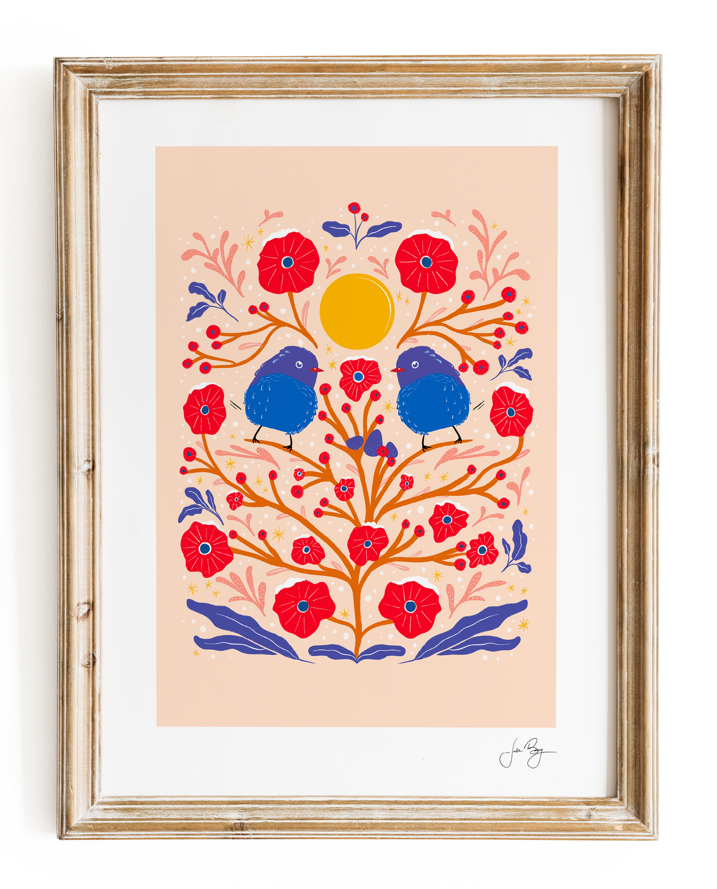 "Two Birds" Hand-Drawn Eco-Art Print 12x18" (Assorted Pattern & Colors)