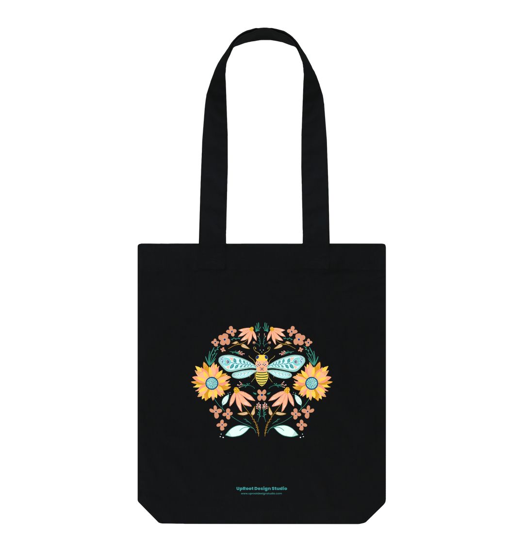 Hand-drawn Bee Folk Art Tote w. Wildflowers & Sunflowers Symmetrical Art (Celebrate Pollinators)